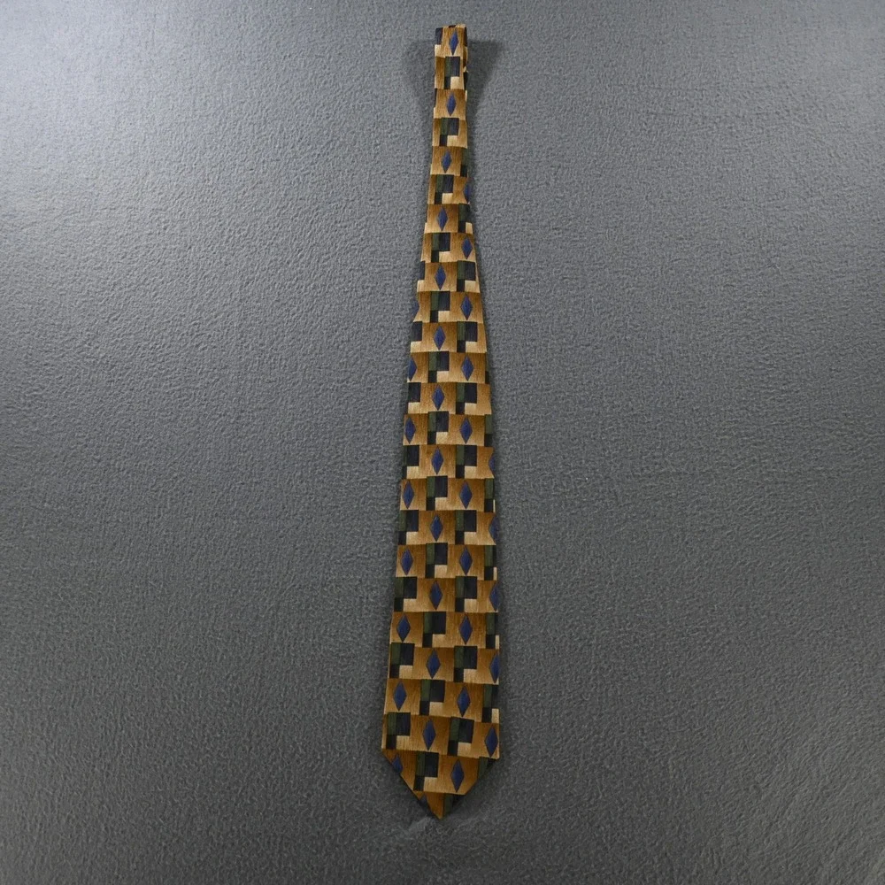Cocktail Collection Mens Vintage 90s Geometric Silk Necktie OS Gold Blue Green